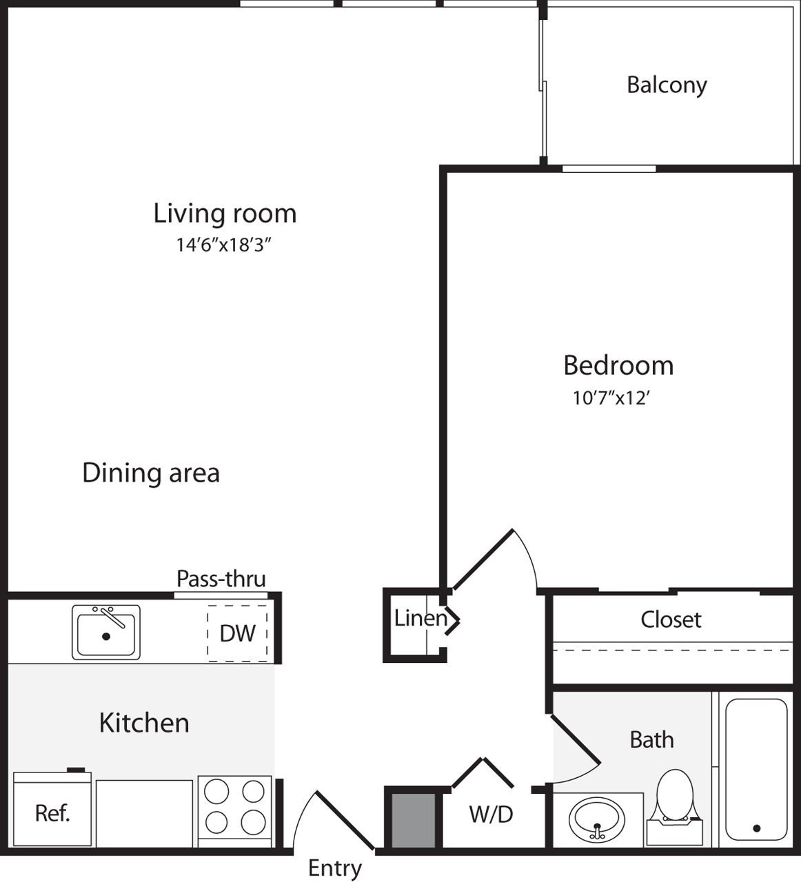 1 Bedroom L WD floorplan
