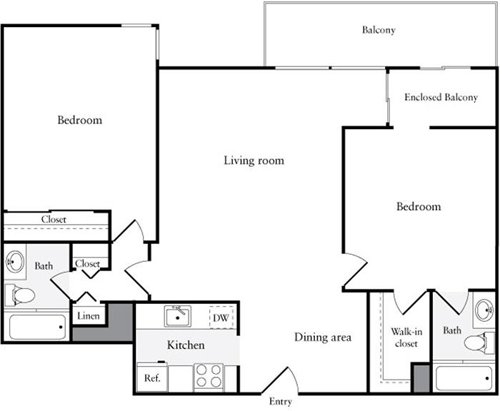 2 Bedrooms L floorplan